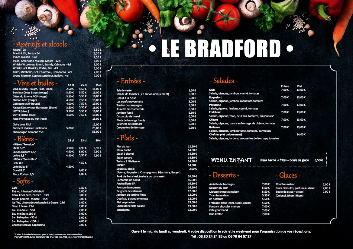 La carte du Bradford : apéritifs, vins, bières, softs, entrées, plats, salades, desserts et glaces